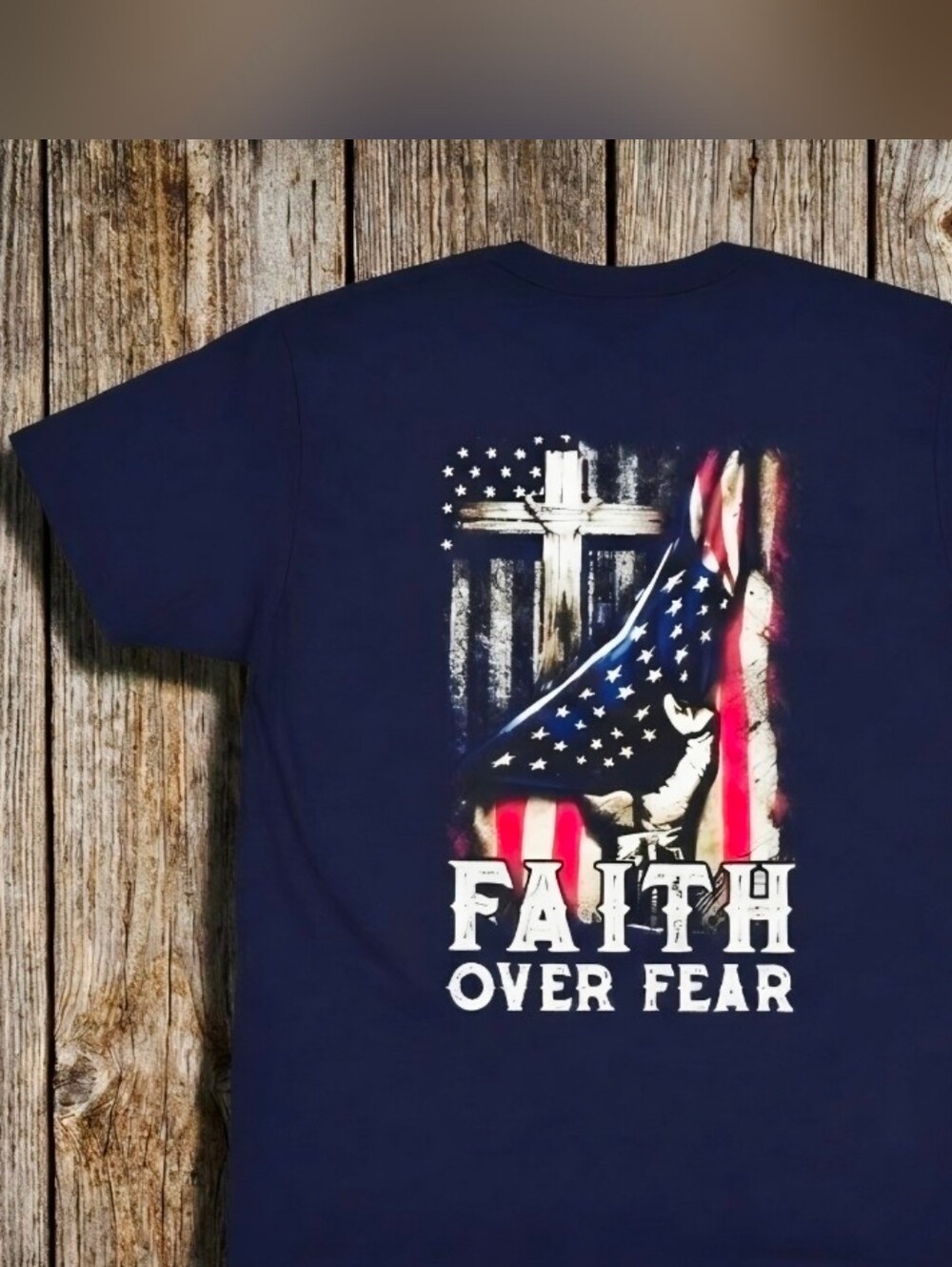 Faith Over Fear Christian Patriotic Tee • American Flag Cross Shirt • - Picture 2 of 15